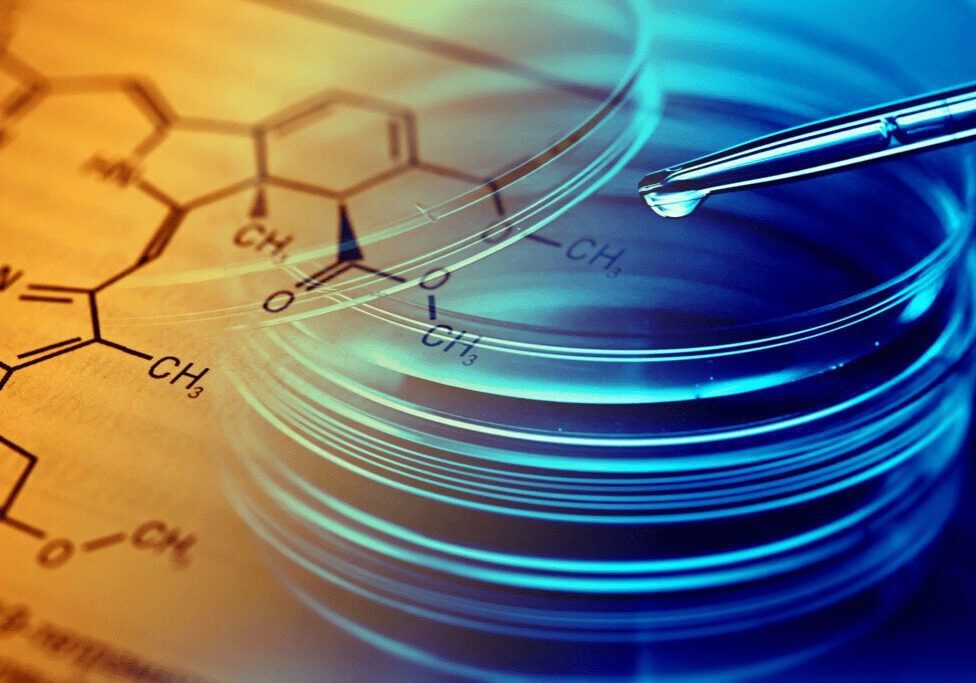 A blue and yellow image of a petri dish and a chemical formula